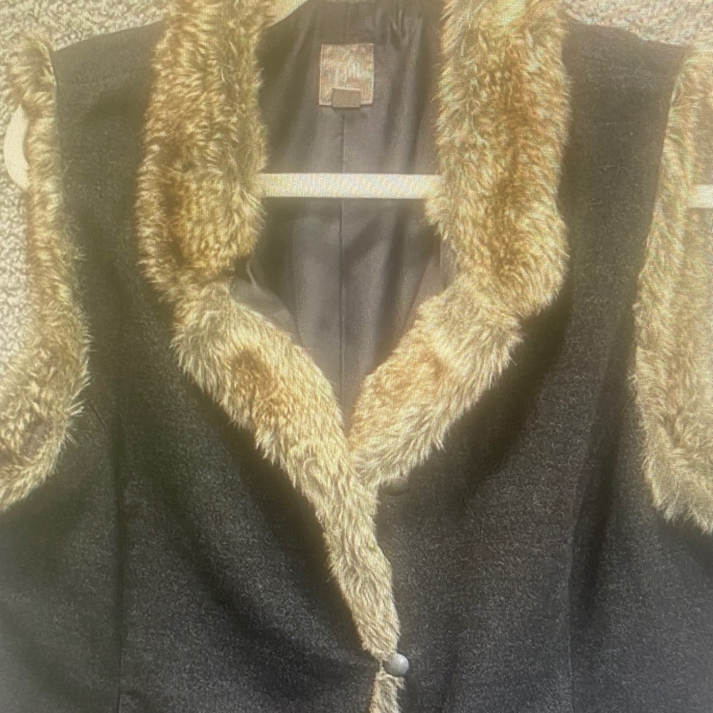 J.Jill Gray Wool Blend Vest XL Faux Fur Trim Button Front